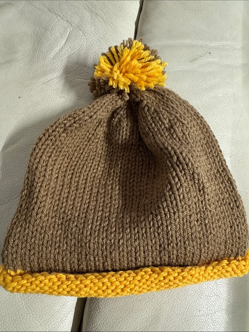 Kids Knit Pom Beanie - Brown with Yellow Trim